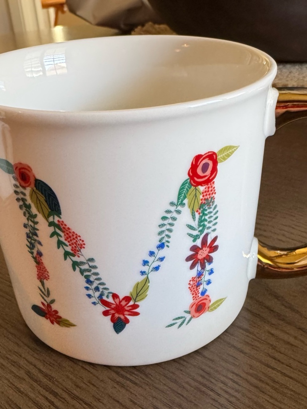 Opalhouse White Floral Monogram Mug with Gold Handle